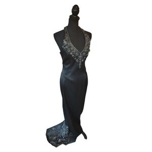 Vintage a fortiori Y2K Formal Dress Beaded Halter Lace Up Back Black Train S M